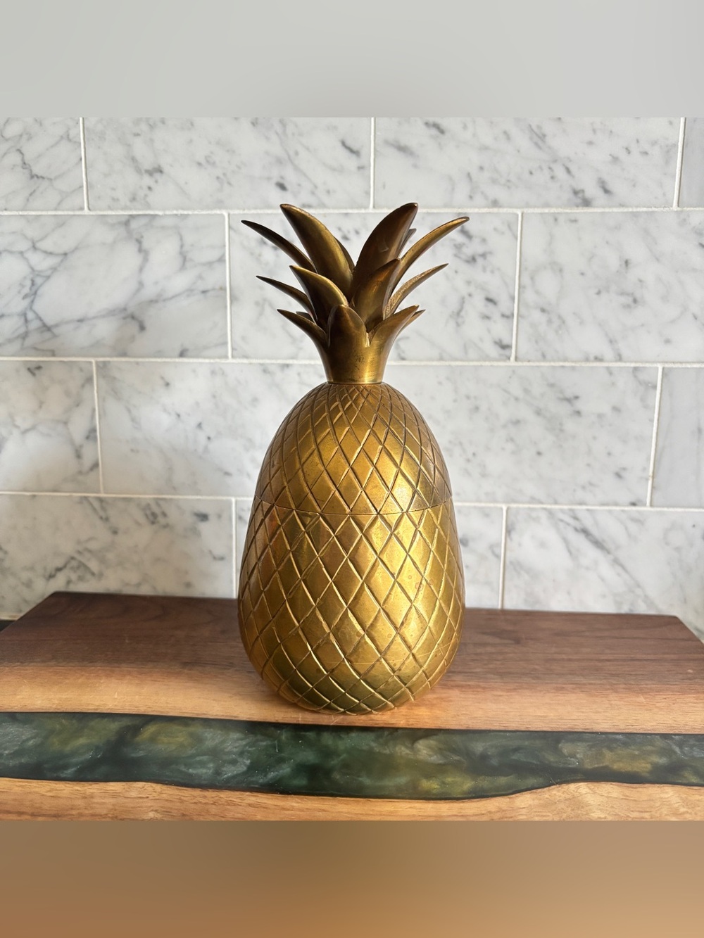 Vintage Hollywood Regency Style Solid Brass Pineapple Lidded Trinket Box